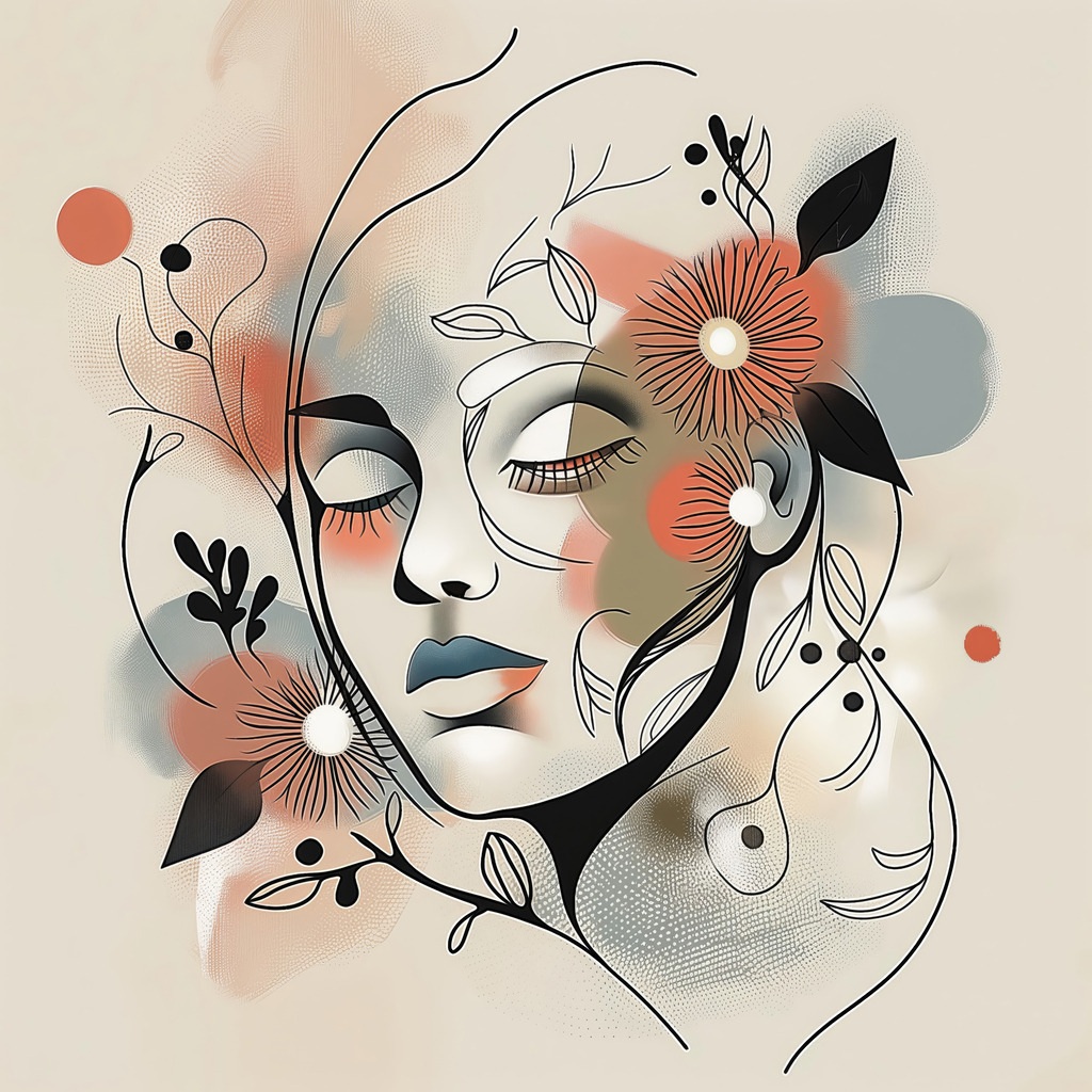 2602016 - Weibliches Gesicht mit floralen Elementen | Modernes abstraktes weibliches Gesicht mit Blumen und Pflanzen.