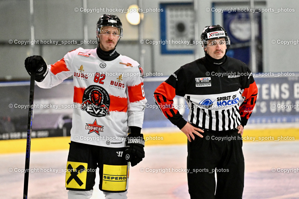 ESC SPARKASSE STEINDORF vs. EV ZELTWEG MURTAL LIONS | #82 Quinz Marco EV ZELTWEG MURTAL LIONS, WUNTSCHEK Dominik Referee, ESC SPARKASSE STEINDORF vs. EV ZELTWEG MURTAL LIONS, ESC SPARKASSE STEINDORF vs. EV ZELTWEG MURTAL LIONS am 27.12.2025 in Steindorf (Ossiachersee Halle), Austria, (Photo by Bernd Stefan)