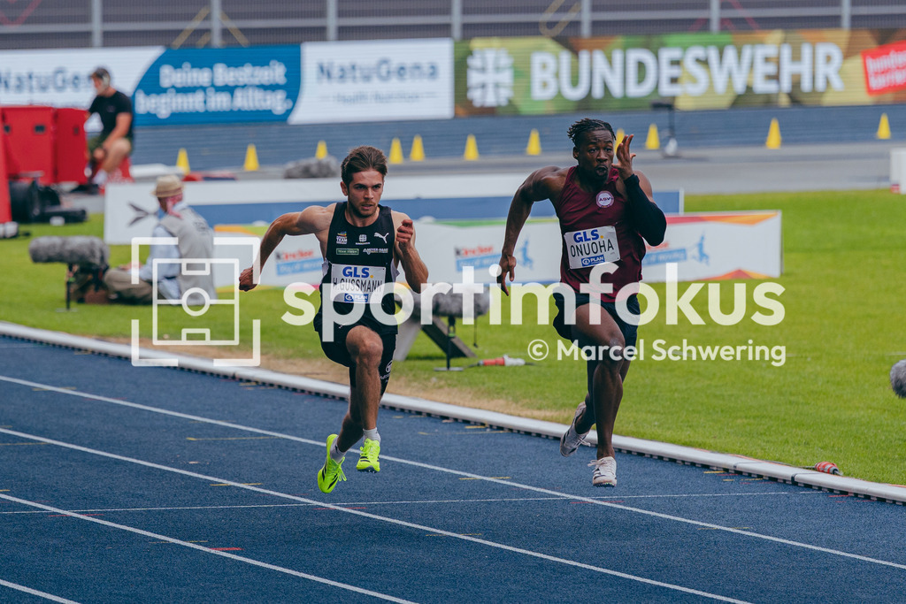 Deutsche Meisterschaften der Frauen und Männer 2026 | Emilio Gonzalez, LT DSHS Köln, Heiko Gussmann, Sprintteam Wetzlar, Chidiera Onuoha, ASV Köln e. V., 100-Meter-Lauf, Vorlauf, Deutsche Meisterschaften der Frauen und Männer 2026, Lohrheidestadion Bochum-Wattenscheid, 25.07.2026. Foto: Marcel Schwering / sportimfokus - Realisiert mit Pictrs.com