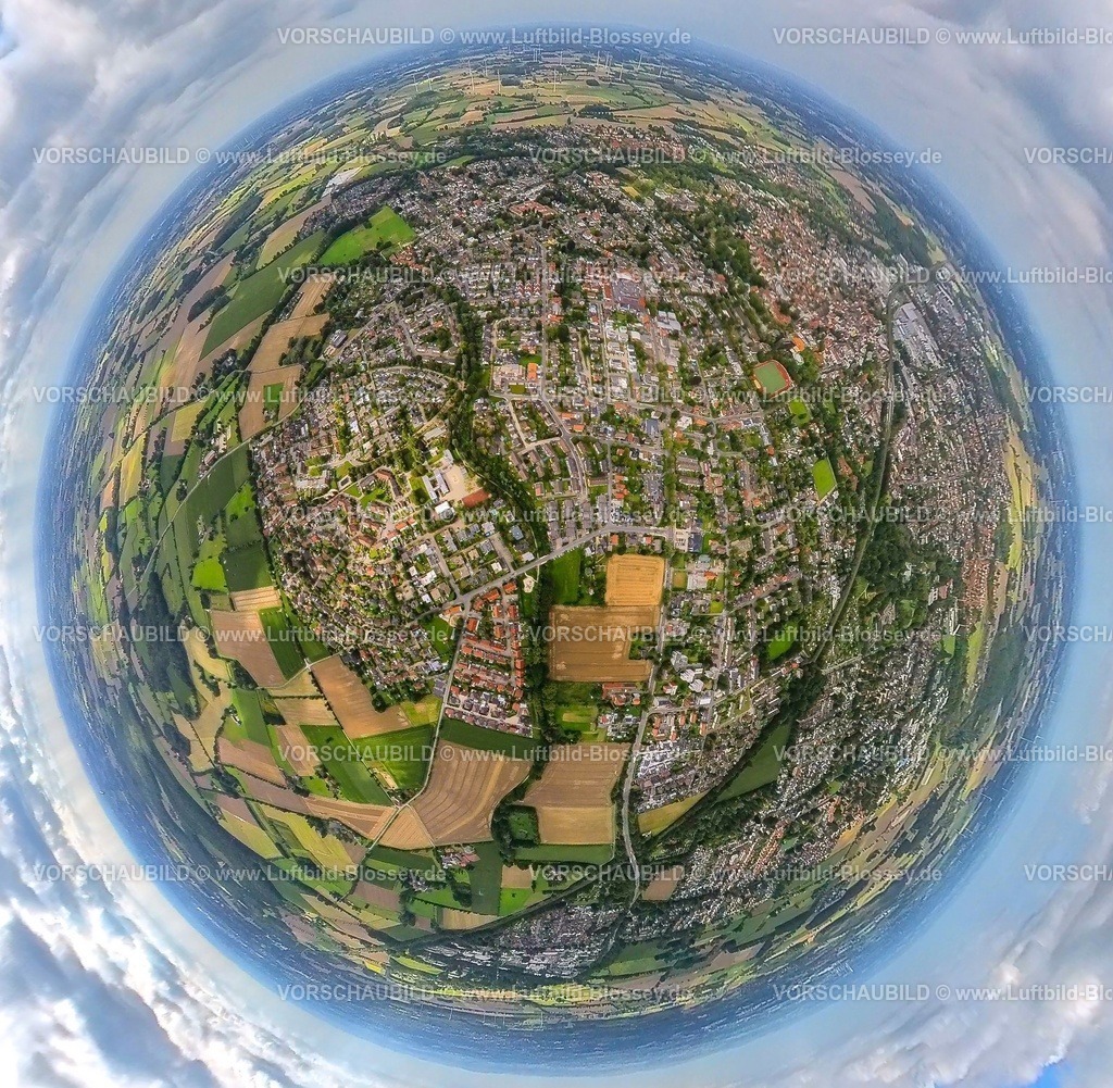 Ahlen230890096 Wersetal | Luftbild, Wersetal, Fluss Werse und grüne Bäume, Erdkugel, Fisheye Aufnahme, Fischaugen Aufnahme, 360 Grad Aufnahme, tiny world, Ahlen, Ruhrgebiet, Nordrhein-Westfalen, Deutschland
