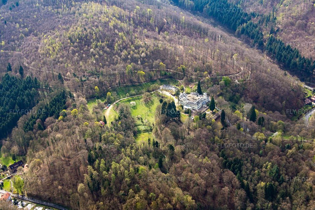 Luftbild: Annettes Gastronomie im Schloss Heiligenberg in Jugenheim in Seeheim-Jugenheim im Bundesland Hessen in Deutschland. Foto: IMG_077198.jpg vom 12.04.2015 durch Werner Riehm/FLY-FOTO.de