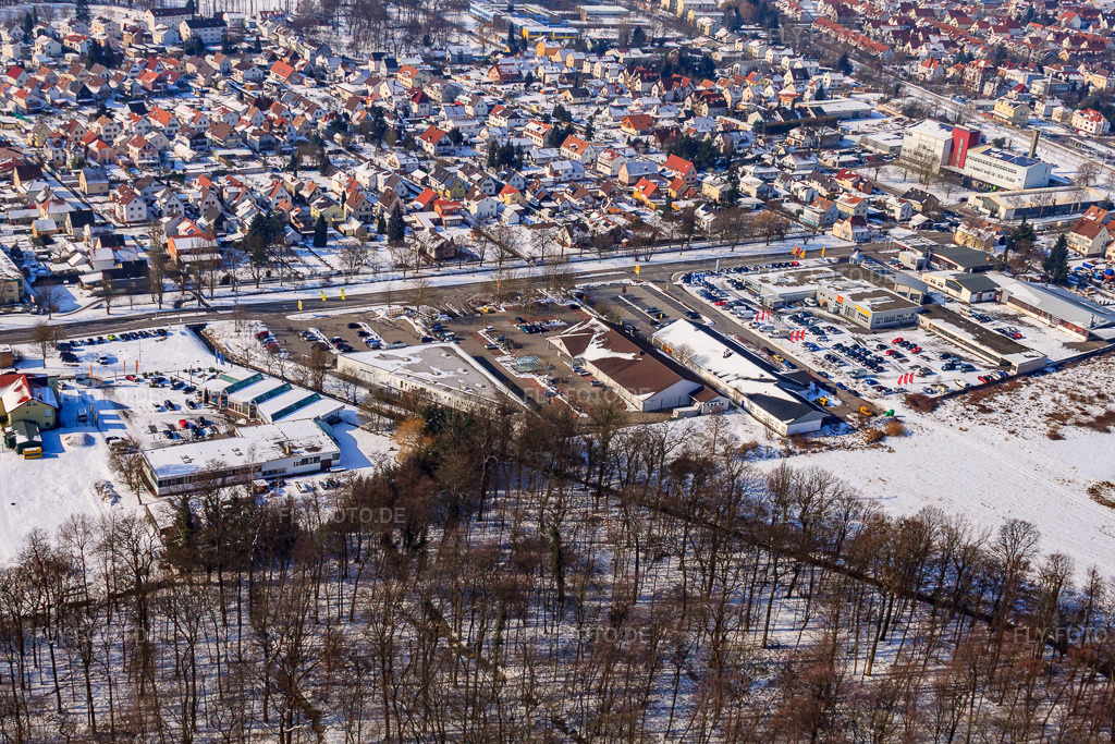 Luftbild: Gewerbegebiet Lauterburger Straße im Winter bei Schnee in Kandel im Bundesland Rheinland-Pfalz in Deutschland. Foto: IMG_24370.jpg vom 16.02.2010 durch Werner Riehm/FLY-FOTO.de