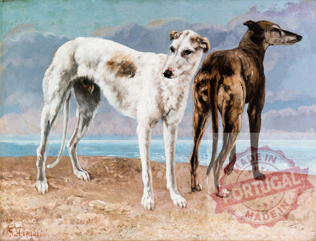 Gustave Courbet Gustave Courbet painting two greyhounds by the sea | Two greyhounds standing on a cliff overlooking the sea, a painting by Gustave Courbet - Realized with Pictrs.com