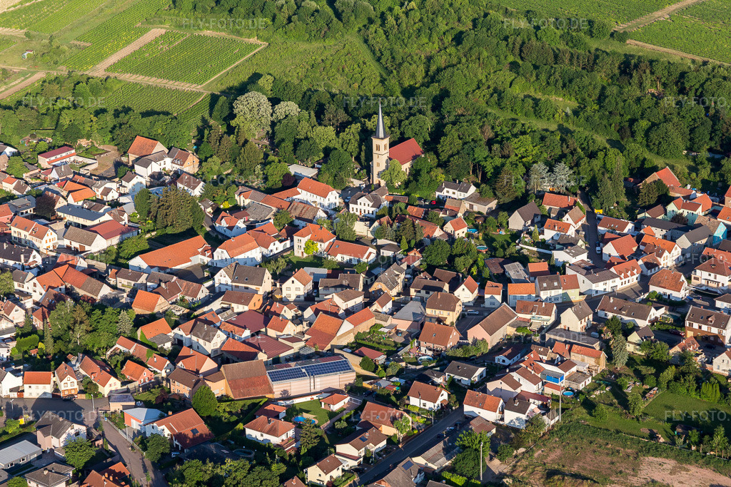 Luftbild: Kirchengebäude am Kirchberg im Dorfkern im Ortsteil Heßloch in Dittelsheim-Heßloch im Bundesland Rheinland-Pfalz in Deutschland. Foto: IMG_107654.jpg vom 03.06.2018 durch Werner Riehm/FLY-FOTO.de