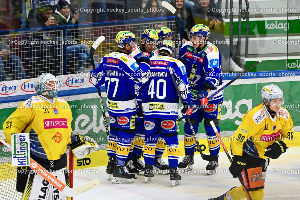 EC IDM WÄRMEPUMPEN VSV vs. Vienna Capitals | #40 Elias Wallenta EC VSV, #2 Dylan MacPherson EC VSV, #98 Cole Hults Vienna Capitals, Jubel EC VSV Mannschaft, #31 Evan Cowley Vienna Capitals, #77 Philipp Lindner EC VSV, #22 Nikita Scherbak EC VSV, #16 Kevin Hancock EC VSV, EC IDM WÄRMEPUMPEN VSV vs. Vienna Capitals, EC IDM WÄRMEPUMPEN VSV vs. Vienna Capitals am 16.11.2025 in Villach (Stadthalle Villach), Austria, (Photo by Bernd Stefan)