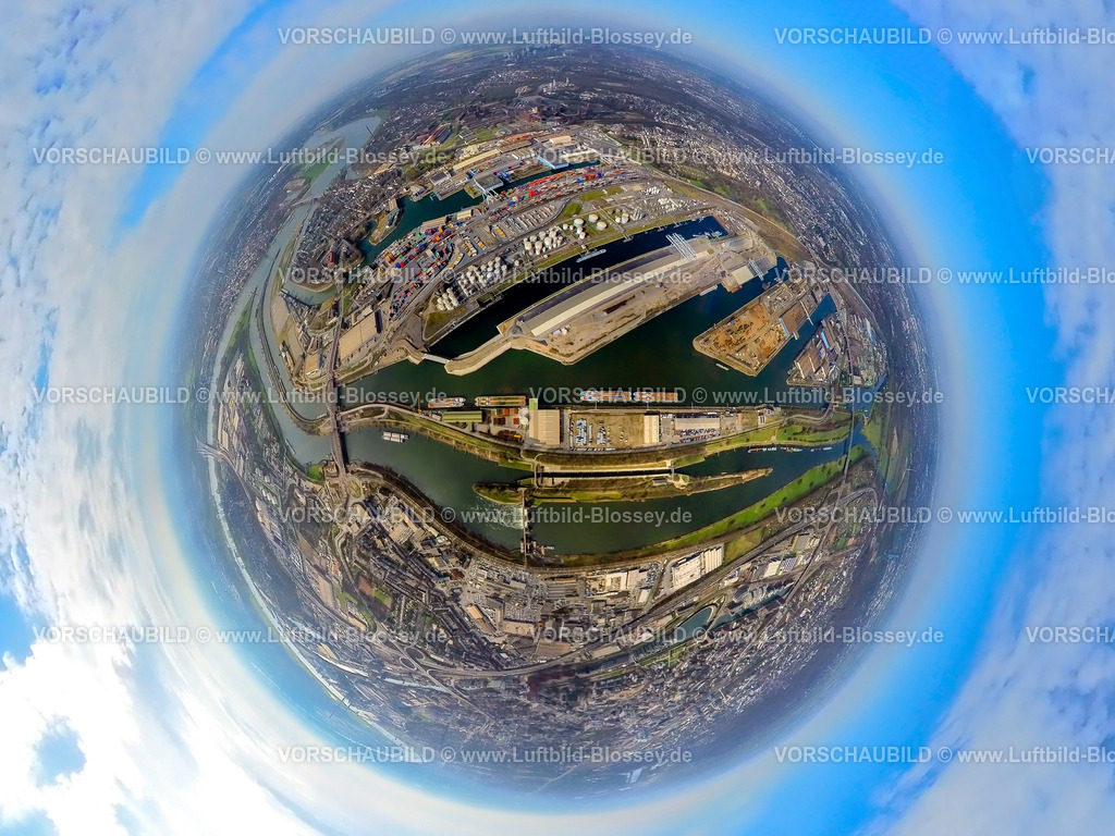 Duisburg240390031DuisburgerHafen-2 | Luftbild, Duisport - Duisburger Hafen, Hafengebiet mit Ölinsel, Kohleninsel und Schrottinsel, Fluss Ruhr, Erdkugel, Fisheye Aufnahme, Fischaugen Aufnahme, 360 Grad Aufnahme, tiny world, little planet, fisheye Bild, Ruhrort, Duisburg, Ruhrgebiet, Nordrhein-Westfalen, Deutschland, Duisburg-fish