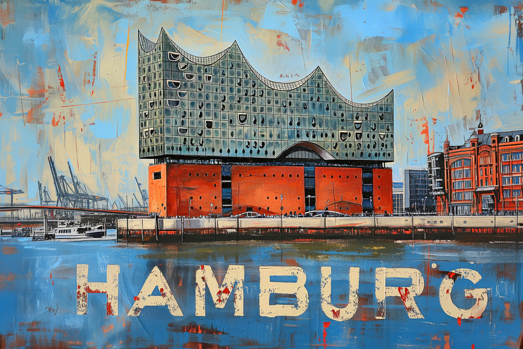 10240103 - Elbphilharmonie und Hafen | Ein fantasievolles Hamburg Motiv im Stil eines Gemäldes.
