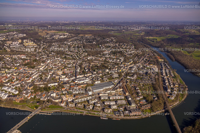 Essen240302323Kettwig | Luftbild, Ortsansicht Ortsteil Kettwig, Wohngebiet am Kettwiger Ruhrbogen, Fluss Ruhr mit Eisenbahnbrücke und Ruhrbrücke und Schleuse Kettwig, Kettwig, Essen, Ruhrgebiet, Nordrhein-Westfalen, Deutschland