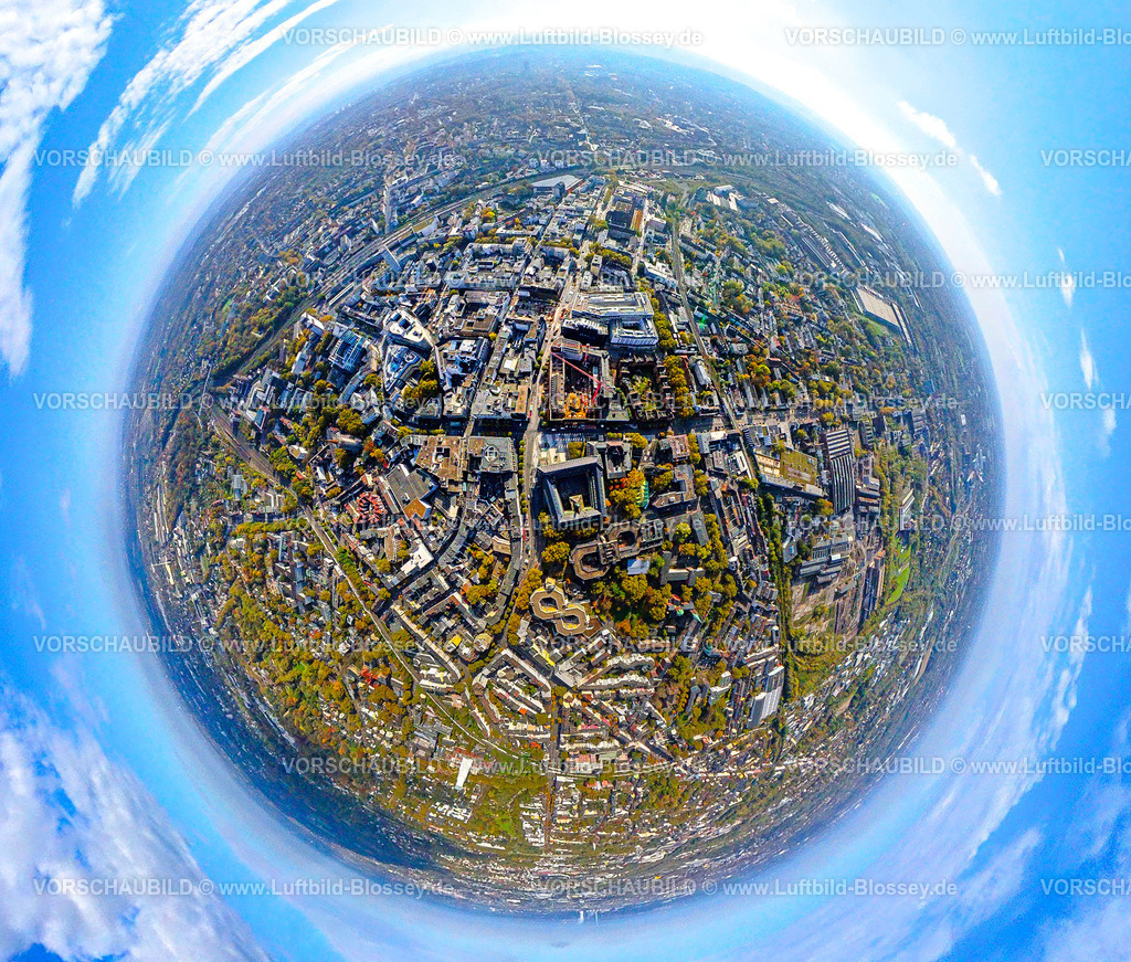 Bochum241090421AltePostRathaus | Luftbild, City Innenstadt mit Baustelle Alte Post, Husemannplatz und Husemann Karree Einkaufszentrum, Erdkugel, Fisheye Aufnahme, Fischaugen Aufnahme, 360 Grad Aufnahme, tiny world, little planet, fisheye Bild, Gleisdreieck, Bochum, Ruhrgebiet, Nordrhein-Westfalen, Deutschland