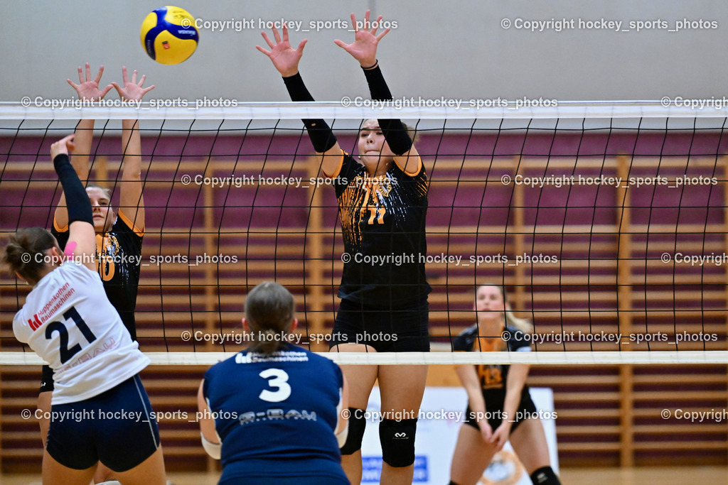 ASKÖ Volley Eagles Villach vs. Donau Chemie Volleys Brückl | #21 Lara Marita WEITENSFELDER Volleys Brückl, #10 Elwira CEHIC Eagles Villach, #3 Nicole Maria DREIER Volleys Brückl, #11 Ilvie HOFER Eagles Villach, ASKÖ Volley Eagles Villach vs. Donau Chemie Volleys Brückl, ASKÖ Volley Eagles Villach vs. Donau Chemie Volleys Brückl am 14.12.2024 in Villach (Ballspielhalle Lind), Austria, (Photo by Bernd Stefan)