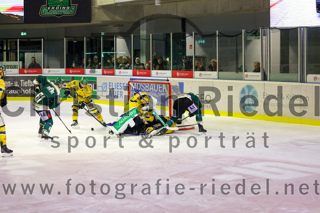 2025-12-19_109_TSV_Erding_gegen_Toelzer_Loewen | Erding, Deutschland, 19.12.2025:Eishockey, Oberliga Süd 2025 / 2026, 27. Spieltag, TSV Erding gegen Tölzer Löwen, Endergebnis: 2:5Dennis Miller (Erding Gladiators, #61), Torwart Matthias Bittner (Tölzer Löwen, #32), Philipp Michl (Erding Gladiators, #77)Foto: Christian Riedel / fotografie-riedel.net