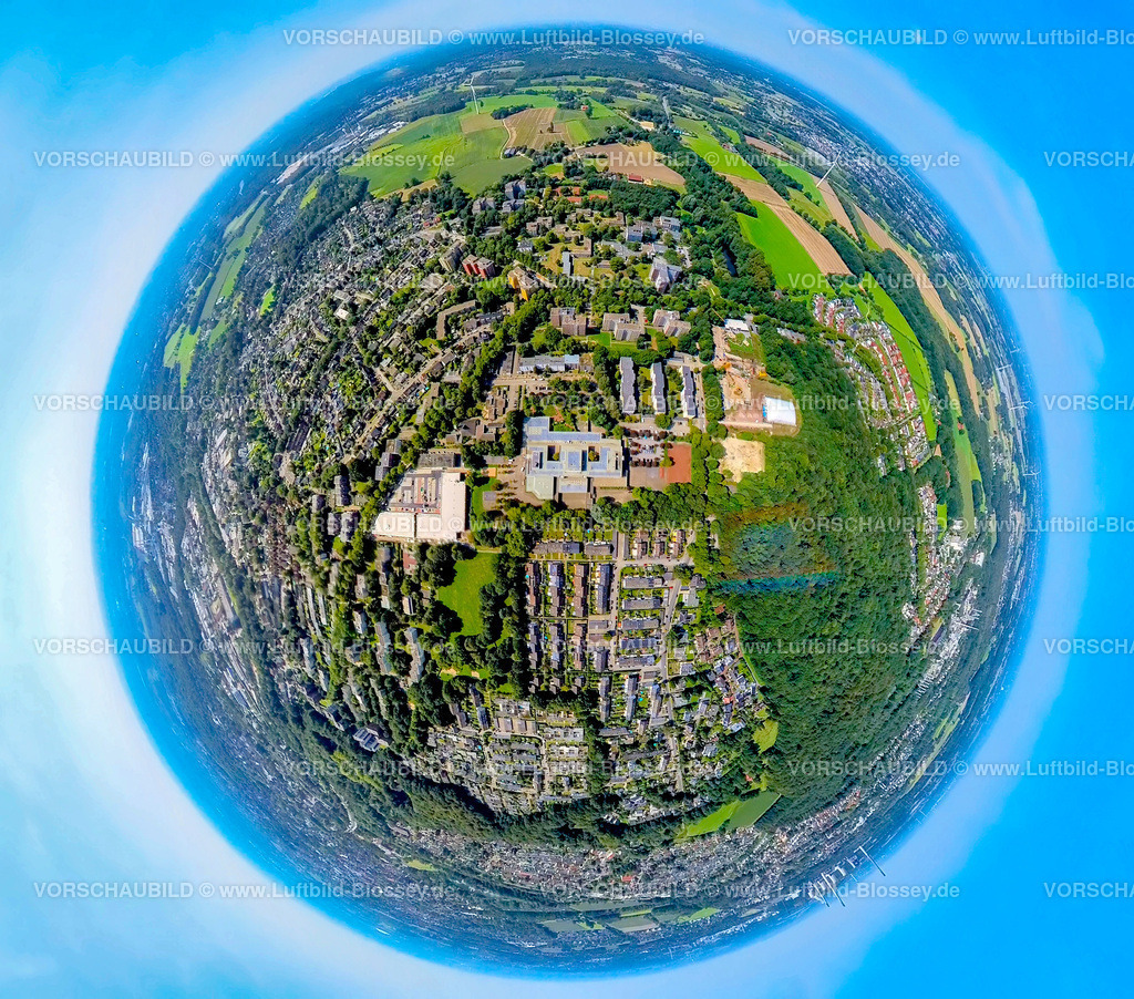 Gladbeck240890534Renford | Luftbild, Ortsansicht Wohngebiet Rentfort, Schwechater Straße, Ingeborg-Drewitz-Gesamtschule, Erdkugel, Fisheye Aufnahme, Fischaugen Aufnahme, 360 Grad Aufnahme, tiny world, little planet, fisheye Bild, Rentfort, Gladbeck, Ruhrgebiet, Nordrhein-Westfalen, Deutschland