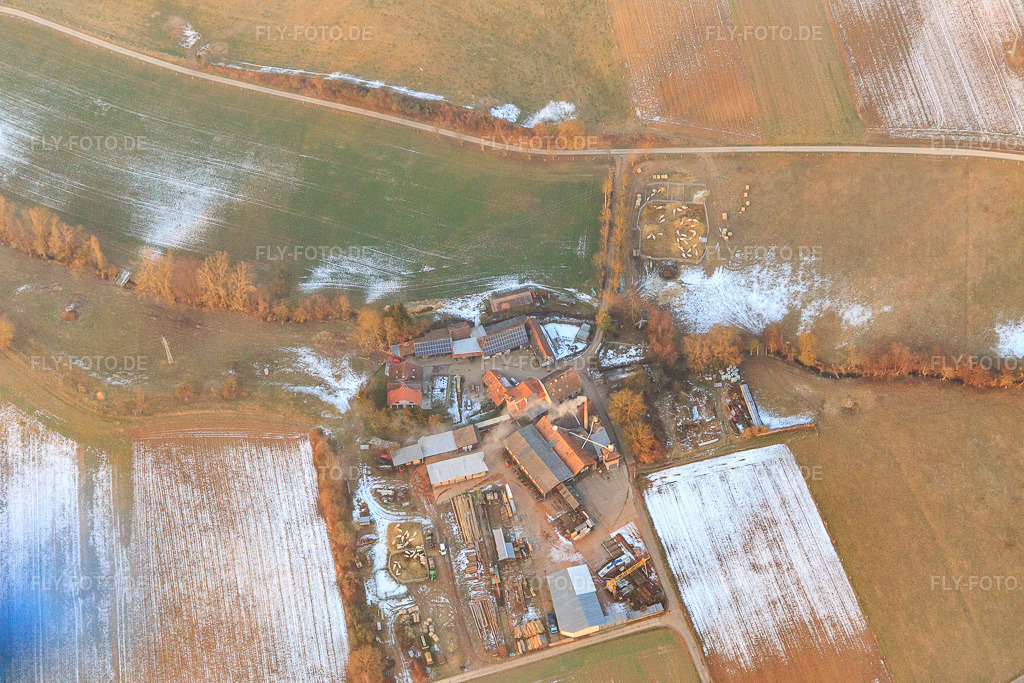 Luftbild: Schaidter Mühle mit Holzwerk ORTH Gerd Sütterlin e.K. aus Südwesten im Winter bei Schnee im Ortsteil Schaidt in Wörth im Bundesland Rheinland-Pfalz in Deutschland. Foto: IMG_096385.jpg vom 21.01.2017 durch Werner Riehm/FLY-FOTO.deHolzwerk-ORTH - in der Region gewachsen