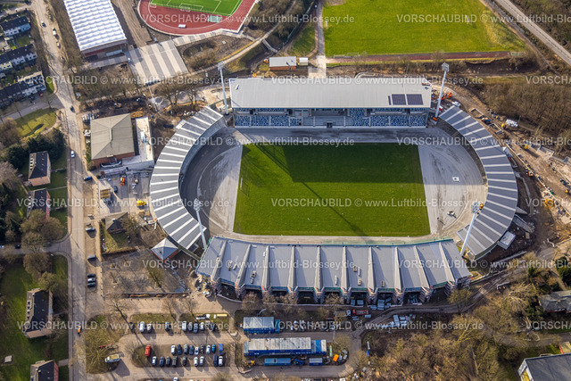 Bochum250203016WattenscheidLoheideStadion | Luftbild, Lohrheidestadion Wattenscheid, Fußballstadion mit Leichtathletikanlage der SG Wattenscheid 09, Baustelle und Umbau zur Erweiterung und Modernisierung, Sportplatz Fußballstadion und Leichtathletik Stadion der Sportfreunde Rot-Weiß Leithe 1919 e.V., Leithe, Bochum, Ruhrgebiet, Nordrhein-Westfalen, Deutschland