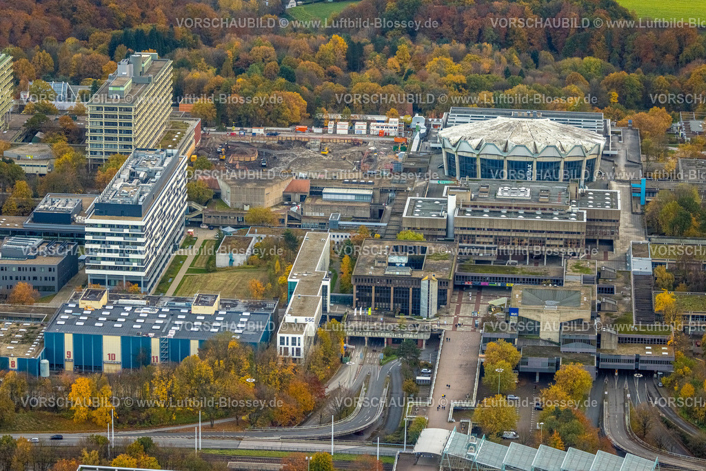 Bochum231102424 | Luftbild, Gebäudekomplex der RUB Ruhr-Universität Bochum, Baustelle Ersatzneubau NA, muschelartige Form rundes Gebäude Audimax Hörsaal, Mensa Gebäude, Querenburg, Bochum, Ruhrgebiet, Nordrhein-Westfalen, Deutschland