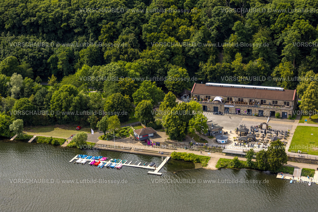 Witten250805006 | Luftbild, Zeche Gibraltar Erbstollen Gelände Oveney, Gibraltar Freizeitzentrum Kemnade Westufer, Gastronomie und Sonnenschirme, Bootsverleih, Waldgebiet, Stiepel, Bochum, Ruhrgebiet, Nordrhein-Westfalen, Deutschland