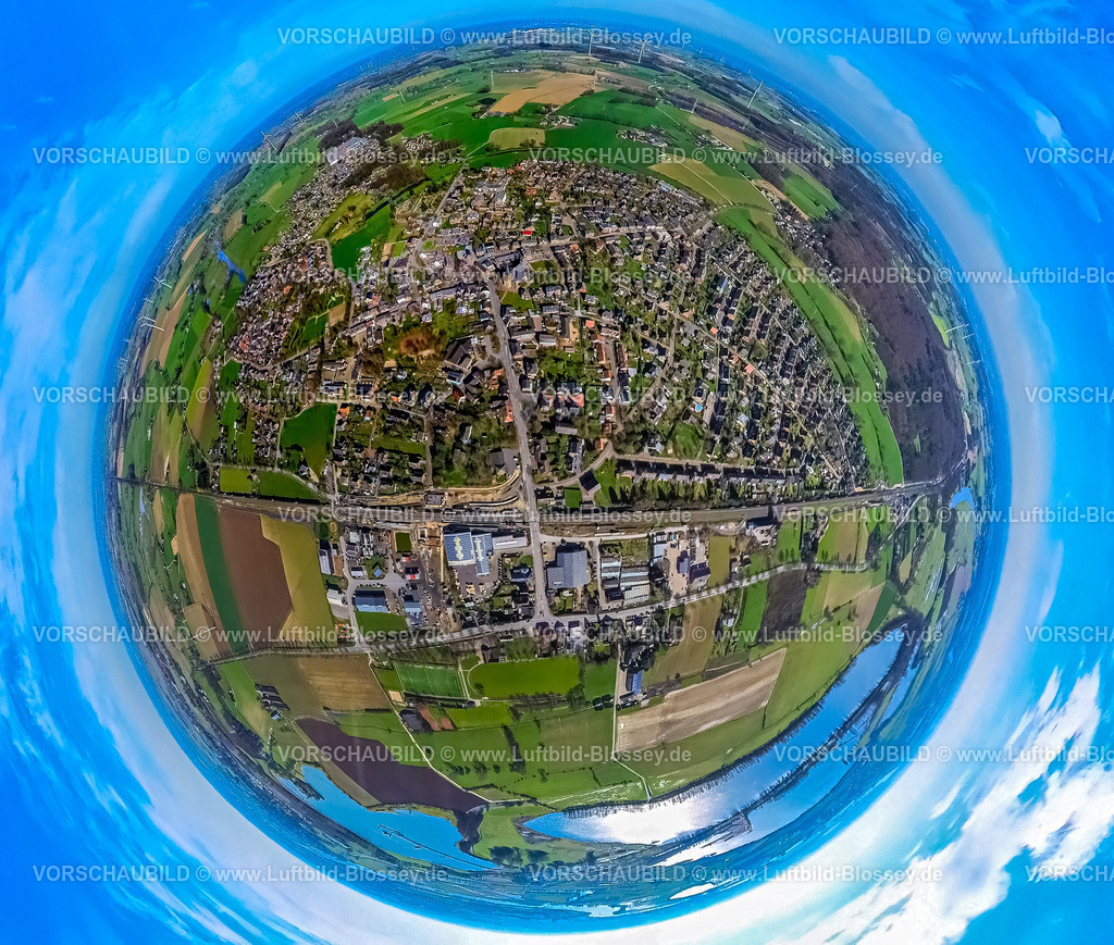 Rees240390113Betuwe-Route_Haldern | Luftbild, Wohngebiet Ortsansicht Ortsteil Haldern, umgeben von Wiesen und Feldern, Rees Haldern Bahnhof Hbf, Ausbau der Betuweroute und Betuwe-Linie Eisenbahnstrecke, Erdkugel, Fisheye Aufnahme, Fischaugen Aufnahme, 360 Grad Aufnahme, tiny world, little planet, fisheye Bild, Haldern, Rees, Nordrhein-Westfalen, Deutschland