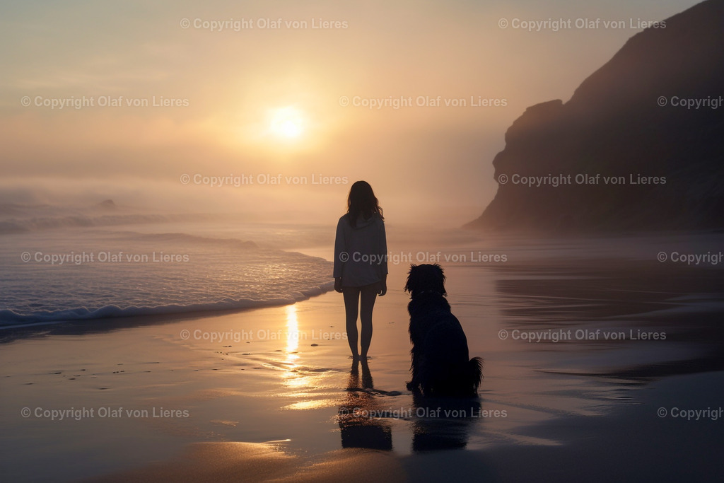 Hund am Meer | Mädchen mit Hund vorm Sonnenuntergang
