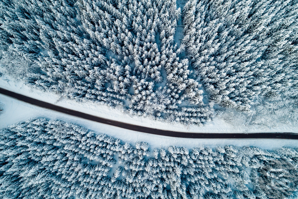 Winterwald aus der Luft – Verschneite Straße durch gefrorenen Nadelwald | Diese Drohnenaufnahme zeigt eine kurvenreiche Straße, die sich durch einen dicht verschneiten Nadelwald schlängelt. Aus der Vogelperspektive wird die geometrische Struktur sichtbar: Die organische Linie der Straße bildet einen starken Kontrast zu den vertikalen Mustern der schneebedeckten Bäume. Die kalten Blautöne verstärken die winterliche Atmosphäre und verleihen dem Wald eine fast abstrakte Qualität. - Realisiert mit Pictrs.com