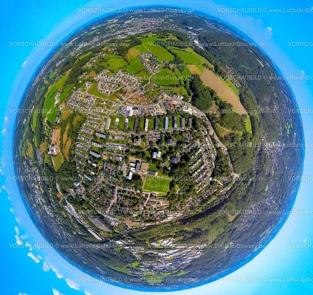 Ennepetal230890021 Buettenberg | Luftbild, Erdkugel, Fisheye Aufnahme, Fischaugen Aufnahme, 360 Grad Aufnahme, Büttenberg, Ennepetal, Ruhrgebiet, Nordrhein-Westfalen, Deutschland