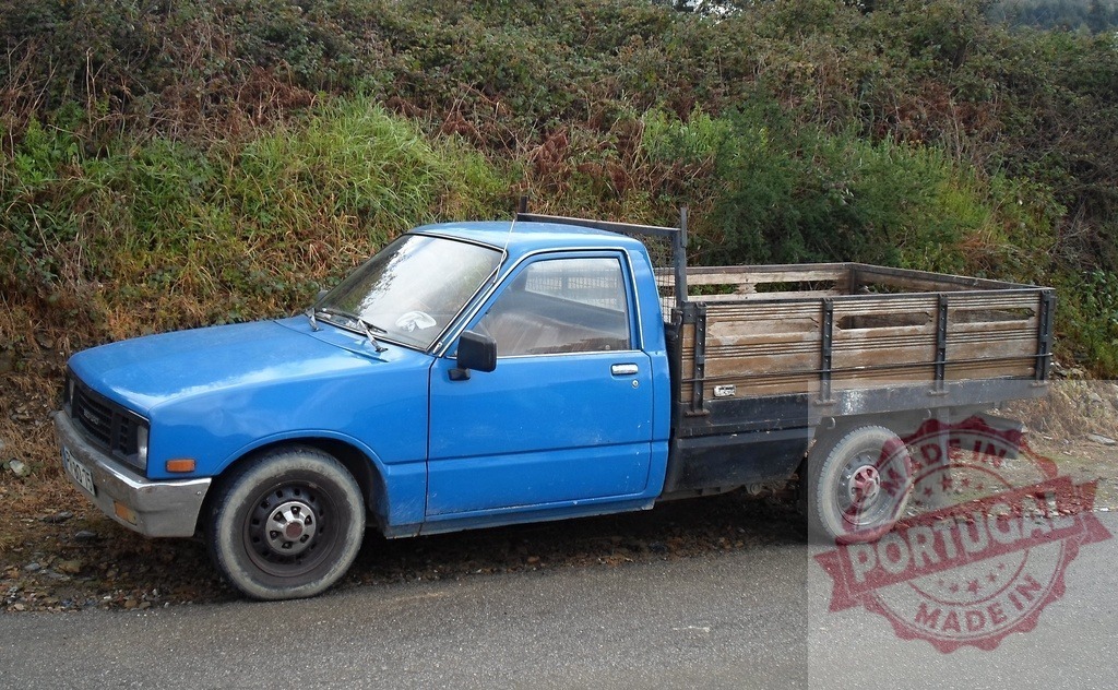 Old blue flatbed pickup truck parked roadside | Vintage blue flatbed pickup truck parked on the side of a rural road - Realisiert mit Pictrs.com