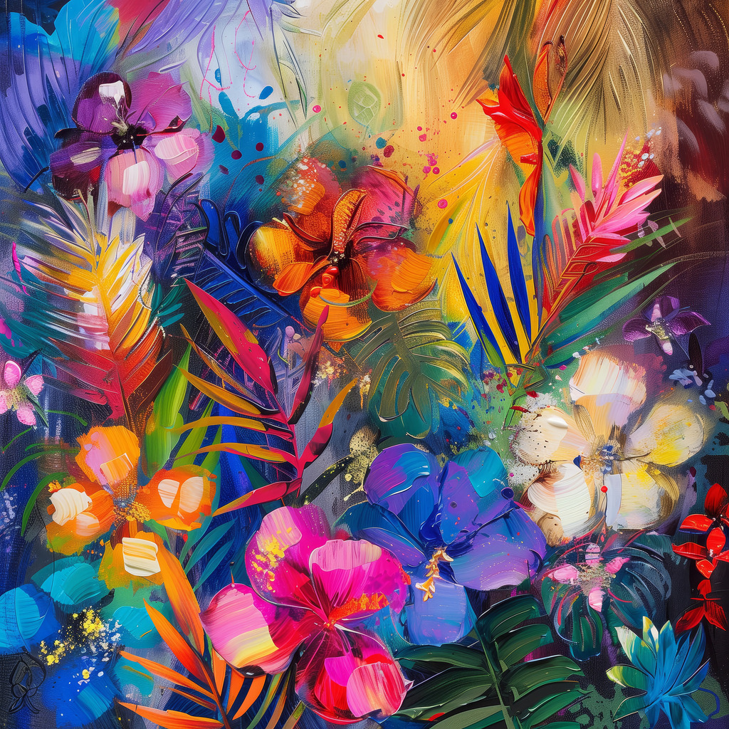 2405001 - Paradiesgarten | Florales farbenfrohes exotisches Wandbild im Stil eines modernen Gemäldes.