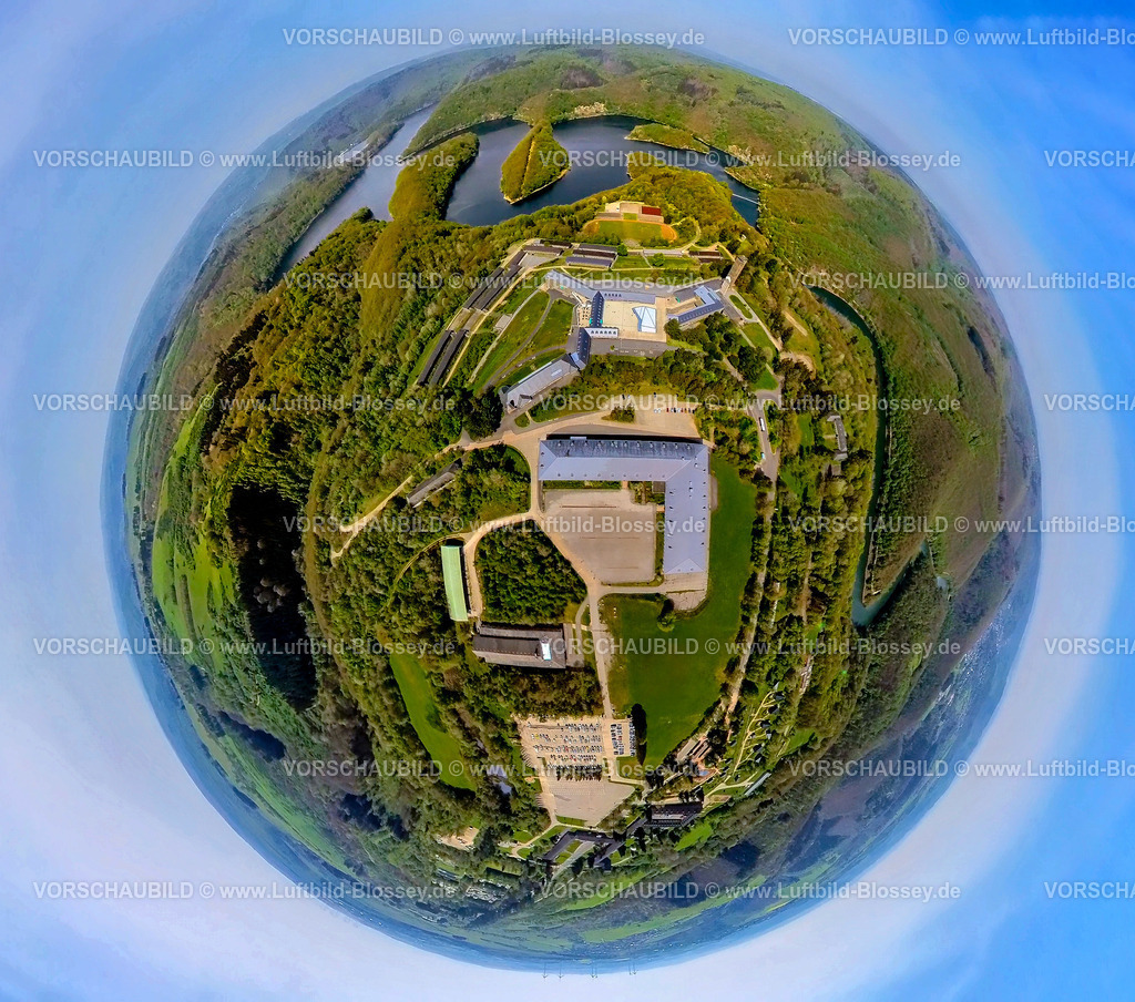 Schleiden240590143IP-Vogelsang_Urftsee | Luftbild, Erdkugel, Fisheye Aufnahme, Fischaugen Aufnahme, 360 Grad Aufnahme, tiny world, little planet, fisheye Bild, Vogelsang IP Gebäudekomplex und historisches Museum auf dem Berg Erpenscheid, unter Denkmalschutz stehende ehemalige NS-Ordensburg Vogelsang, hinten Urfttalsperre und Urftsee, Morsbach, Schleiden, Nordrhein-Westfalen, Deutschland