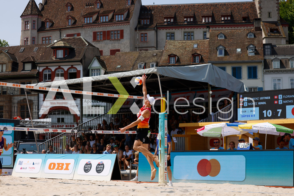 Obi BeachTour 2026 - Basel | BASEL, SWITZERLAND - JULY 19: LAURENZ LEITNER (AUT) attack / spike during the Obi BeachTour 2026 match between LEITNER / KINDL (AUT) and BREER / KÄLIN (SUI) at Barfüsserplatz on July 19, 2026 in Basel, Switzerland. - Realisiert mit Pictrs.com