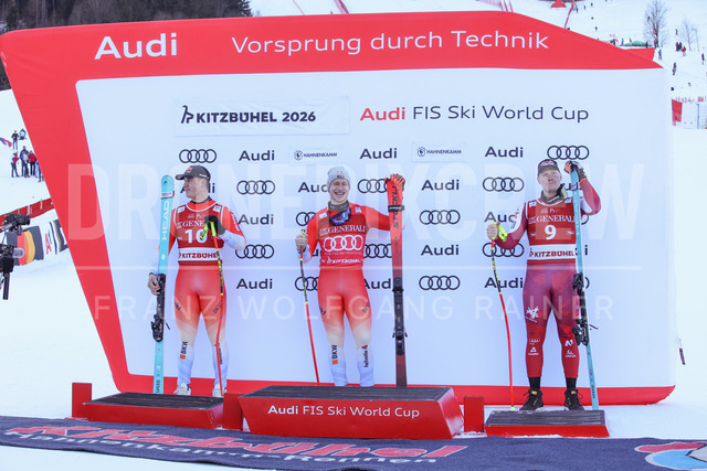Audi FIS Ski World Cup: Men’s Slalom – Hahnenkamm Race, Kitzbuehel | Kitzbuehel, Austria, 25.Jan.26 - Alpine Skiing - FIS World Cup, Hahnenkamm Race, Slalom, men. The image shows VON ALLMEN Franjo (SUI, Head) second place, ODERMATT Marco (SUI, Stoeckli) first place and BABINSKY Stefan (AUT, Head) third place.