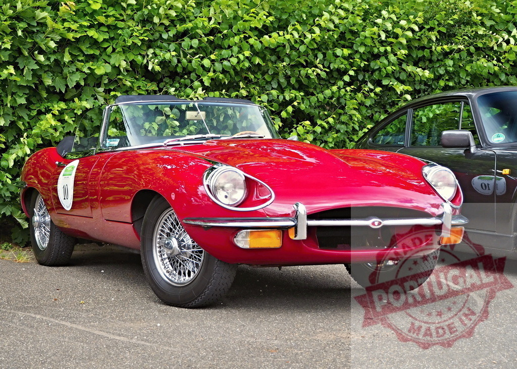 Red E-Type Jaguar classic sports car parking | Red Jaguar E-Type convertible vintage roadster parking in front of green hedge - Realized with Pictrs.com