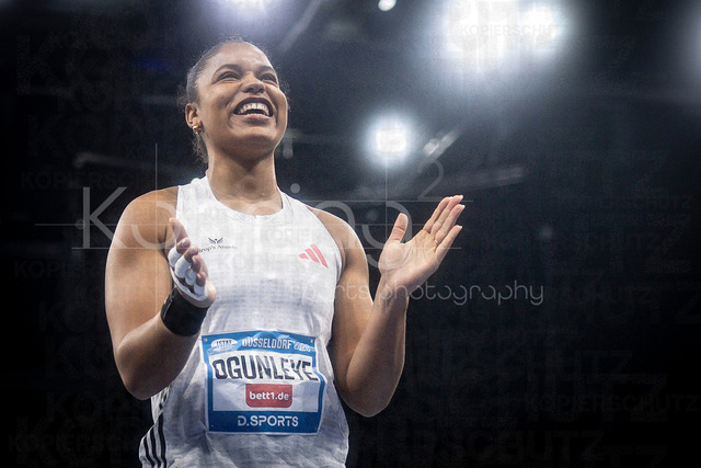 ISTAF Indoor; Duesseldorf, 24.01.2026 | DUESSELDORF, GERMANY - JANUARY 24: Yemisi Ogunleye (GER), shot put, smiling during the ISTAF Indoor Dusseldorf at PSD Bank Dome on January 24, 2026 in Duesseldorf, Germany. 