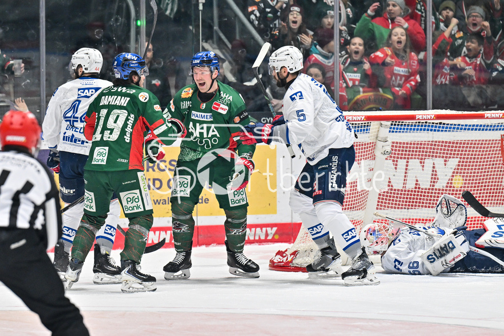 Augsburger Panther - Adler Mannheim | AUGSBURG, GERMANY - 28. DECEMBER: Jubel der Panther nach dem Treffer zum 1-0 durch Cody KUNYK (Augsburger Panther 20) / Tor / Torschuetze / Freude / Happy während dem Match zwischen den Augsburger Panthern und den Adler Mannehim am 33. Spieltag der Penny DEL im Curt Frenzel Stadion