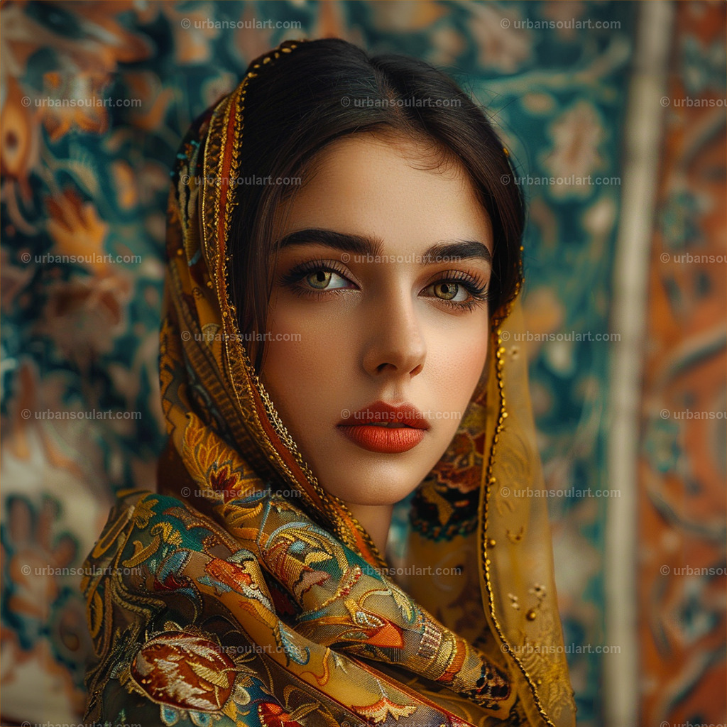 Persian Woman With Headscarf Portrait | Elegance and tradition come together in this striking portrait of a woman in an intricately patterned headscarf. The rich colors and detailed fabric patterns exude cultural beauty and grace, making this piece a perfect addition for anyone seeking art with a touch of history and charm. - Realisiert mit Pictrs.com