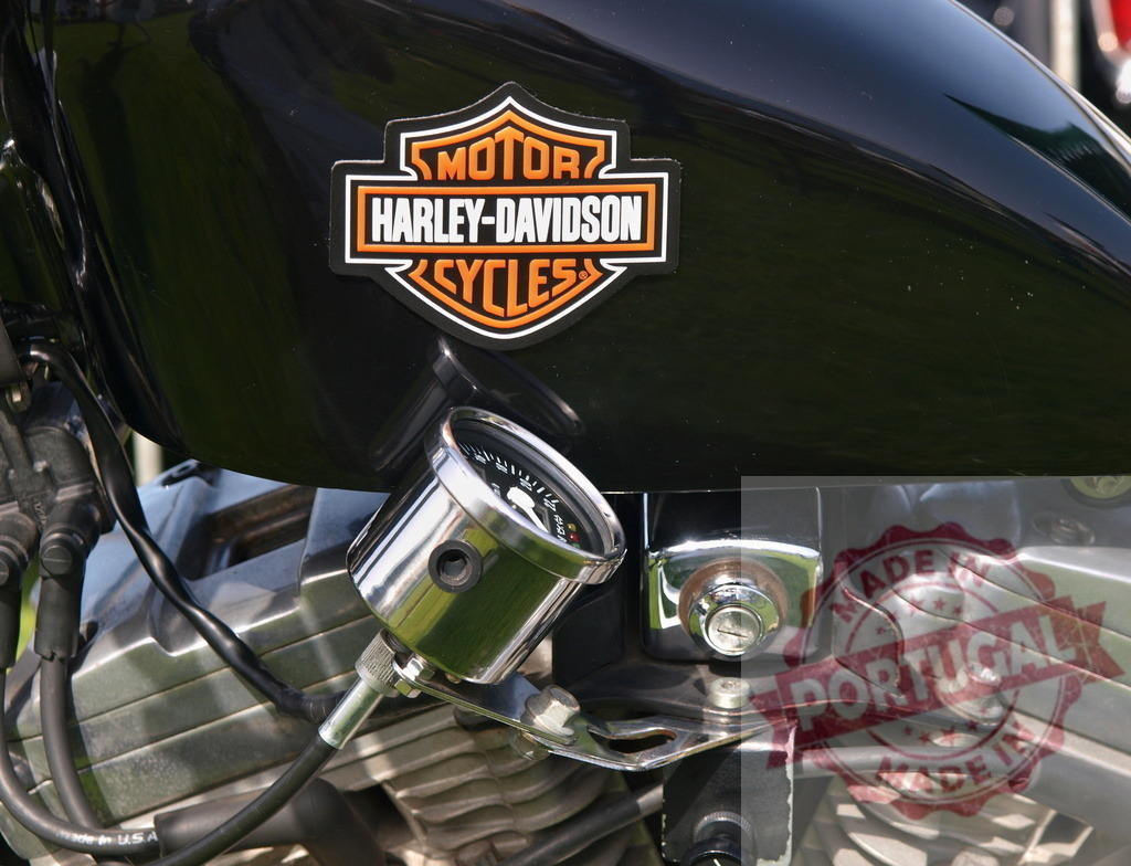 Harley-Davidson motorcycle tank showing logo and engine details | Harley-Davidson gas tank with logo, chrome gauge, and engine details - Realized with Pictrs.com
