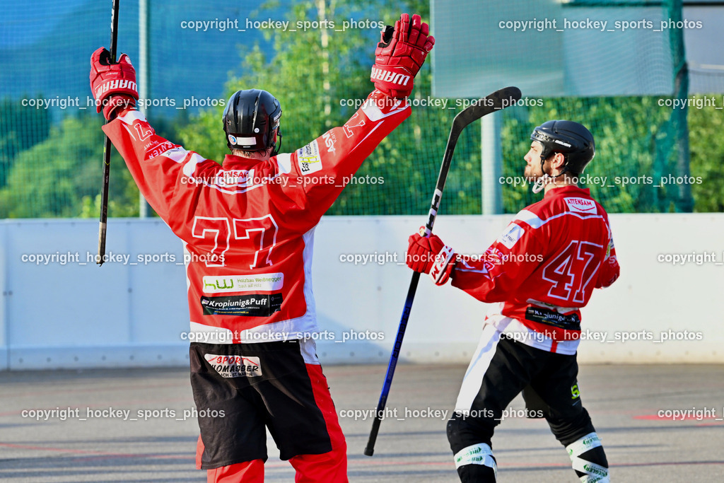 VAS Ballhockey vs. HSC Eagles Poggersdorf | Jubel HSC Poggersdorf Mannschaft, #77 Schumnig Stefan, #47 Witting Marcel, VAS Ballhockey vs. HSC Eagles Poggersdorf, VAS Ballhockey vs. HSC Eagles Poggersdorf am 14.07.2024 in Villach (Alpen Arena ), Austria, (Photo by Bernd Stefan)