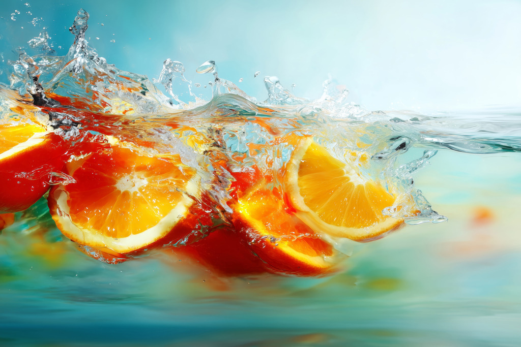 2604002 - Energie des Sommers | Dieses moderne Wandbild fängt die pure Frische von Zitrusfrüchten im Moment der Bewegung ein. Leuchtende Farben und dynamische Wasserspritzer schaffen ein lebendiges Kunstwerk, das Energie und Leichtigkeit in jeden Raum bringt. Ideal für Küche, Essbereich oder moderne Wohnräume.