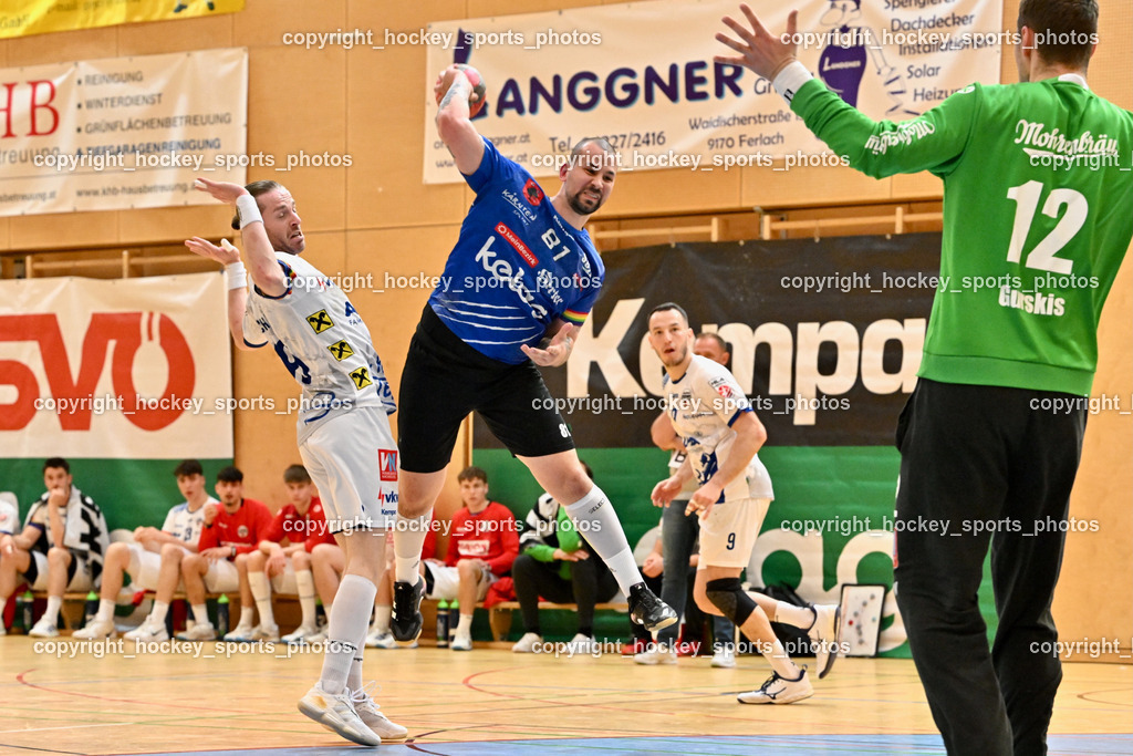 SC Ferlach vs. ALPLA HC Hard | #19 SCHNABL Nico SC Hard, #81 Milicevic Micha SC Ferlach, #12 Gurskis Lukas SC Hard, SC Ferlach vs. ALPLA HC Hard, SC Ferlach vs. ALPLA HC Hard am 05.04.2025 in Ferlach (Ballspielhalle Ferlach), Austria, (Photo by Bernd Stefan)