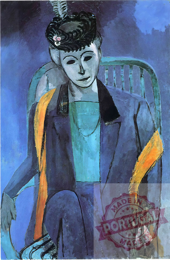 Henri Matisse woman in blue sitting. Henri Matisse | Woman wearing blue, green, and yellow, sitting in a chair, a classic Fauvism oil painting - Realized with Pictrs.com