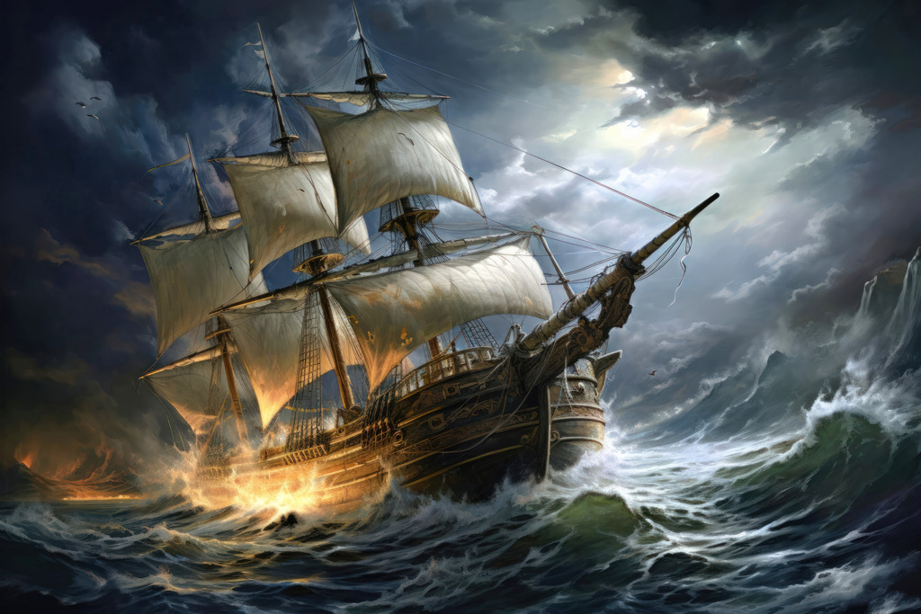 2401037 - Segelschiff im Sturm | Ein Segelschiff auf stürmischer See im Stil eines klassischen Gemäldes.