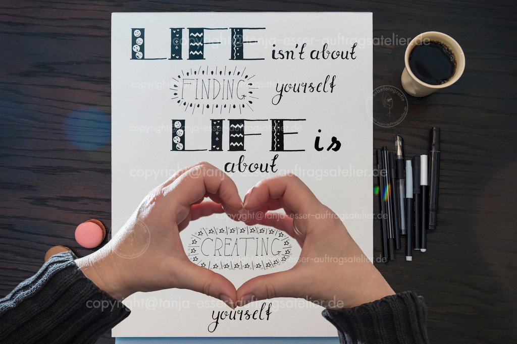 A motto about life, hand drawn (hand lettering), a word is framed with hands | A motto about life, hand drawn (hand lettering), a word is framed with hands