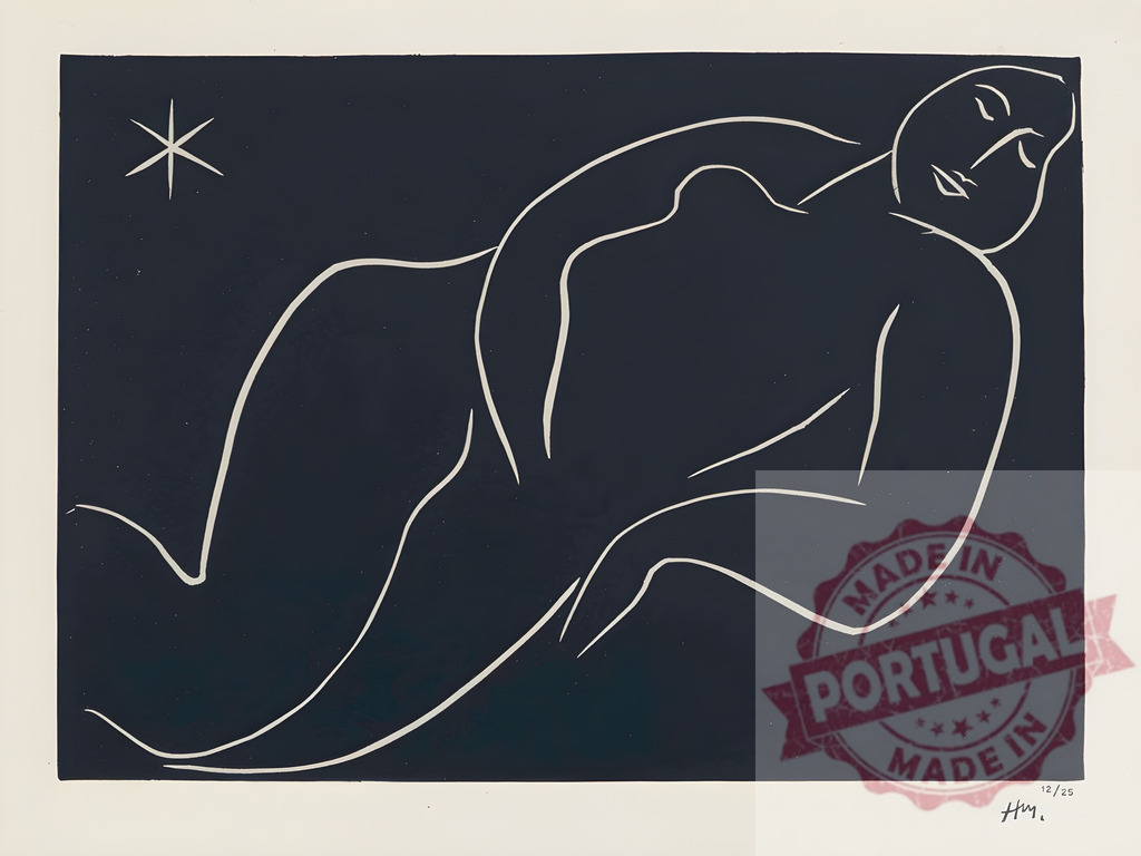 Reclining nude figure with star, Henri Matisse concept. Henri Matisse | Reclining female figure rendered in white outline against a dark background with a star - Realized with Pictrs.com