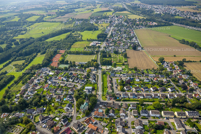 Holzwickede230901437 | Luftbild, Ortsansicht mit Unnaer Straße, Sportplatz und Tennisplätze Haarstrang und Rettungswache Süd Feuerwehr, evang. Kindergarten Die Schatzkiste und evang. Friedhof, Opherdicke, Holzwickede, Ruhrgebiet, Nordrhein-Westfalen, Deutschland