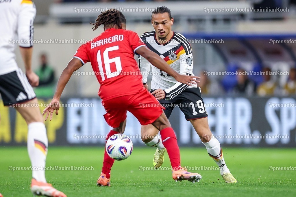 DFB14112501059 | 14.11.2025, Fußball, Länderspiel, WM-Qualifikation Europa, Deutschland - Luxemburg, Stade de Luxembourg (Croix de Gasperich, Luxemburg), 9. Spieltag, Saison 2025 2026: Leandro Barreiro (LUX #16) im Zweikampf gegen  Leroy Sane (GER #19)  Regulations prohibit any use of photographs as image sequences and or quasi-video.