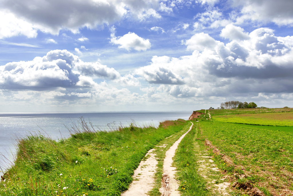 Wandbild: Steilküste an der Ostsee in Schönhagen | Offene Weiten und eine beruhigende Küstenlandschaft – dieses Wandbild vermittelt Harmonie und Gelassenheit. Der Wanderweg entlang der Steilküste von Schönhagen führt den Blick sanft über das Meer und schafft eine entspannte Raumwirkung. Der weitläufige Himmel mit seinen sanften Frühlingswolken verstärkt die beruhigende Atmosphäre, die perfekt für medizinische Einrichtungen geeignet ist, um eine angenehme und stressfreie Umgebung zu gestalten. - Realisiert mit Pictrs.com