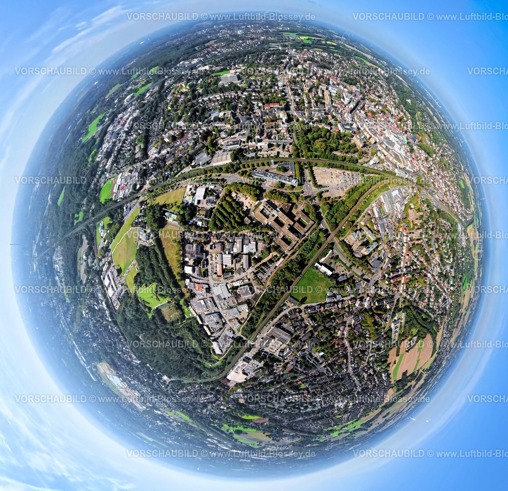 Recklinghausen250902323 | Luftbild, Rathaus Kreisverwaltung Recklinghausen und Feuerwehr Wache, Gewerbegebiet Hubertusstraße, umgeben von Bahngleisen, Erdkugel, Fisheye Aufnahme, Fischaugen Aufnahme, 360 Grad Aufnahme, tiny world, little planet, fisheye Bild, Hillen, Recklinghausen, Ruhrgebiet, Nordrhein-Westfalen, Deutschland