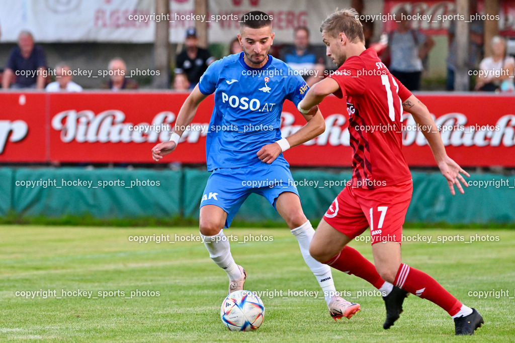SV St.Jakob vs. SAK | #7 Hrvoje Jakovljevic SAK, #17 Sebastian Bauer St.Jakob, SV St.Jakob vs. SAK, SV St.Jakob vs. SAK am 23.08.2024 in St. Jakob im Rosenthal (Sportplatz St. Jakob), Austria, (Photo by Bernd Stefan)