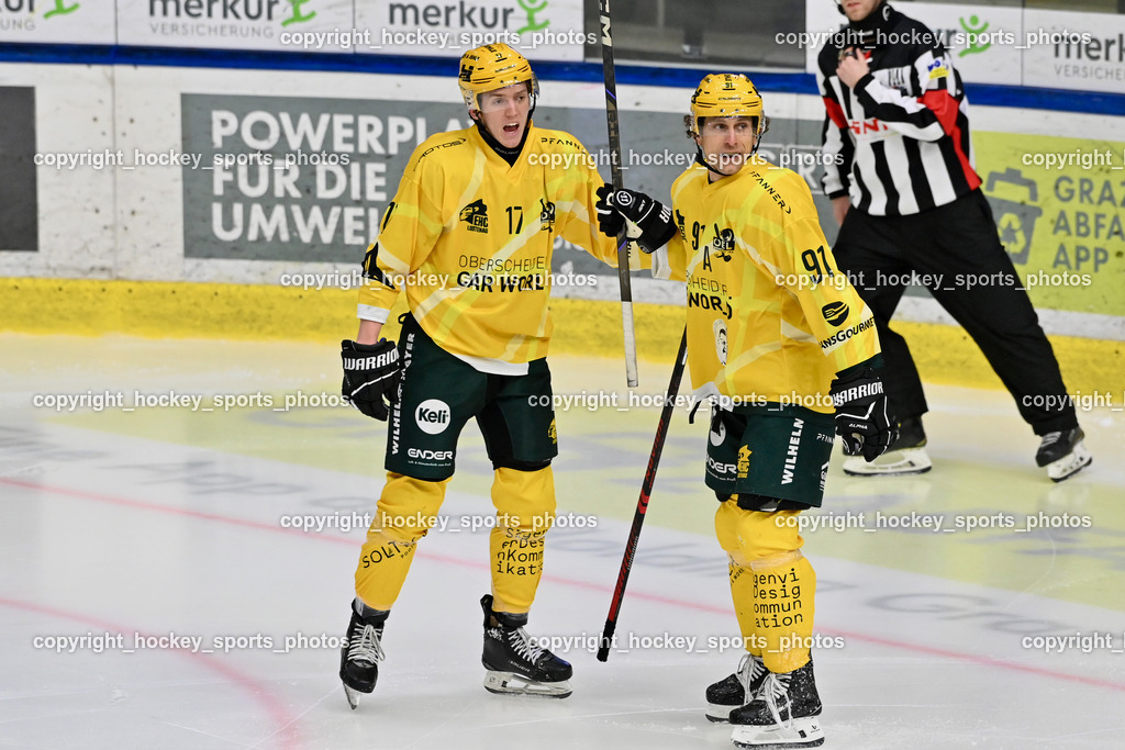 ATSE Graz vs. EHC Lustenau | Jubel EHC Lustenau Mannschaft, #17 Metzler Manuel EHC Lustenau, #91 Grabher Meier Martin EHC Lustenau, ATSE Graz vs. EHC Lustenau, ATSE Graz vs. EHC Lustenau am 14.02.2026 in Graz (Merkur Eishalle ), Austria, (Photo by Bernd Stefan)