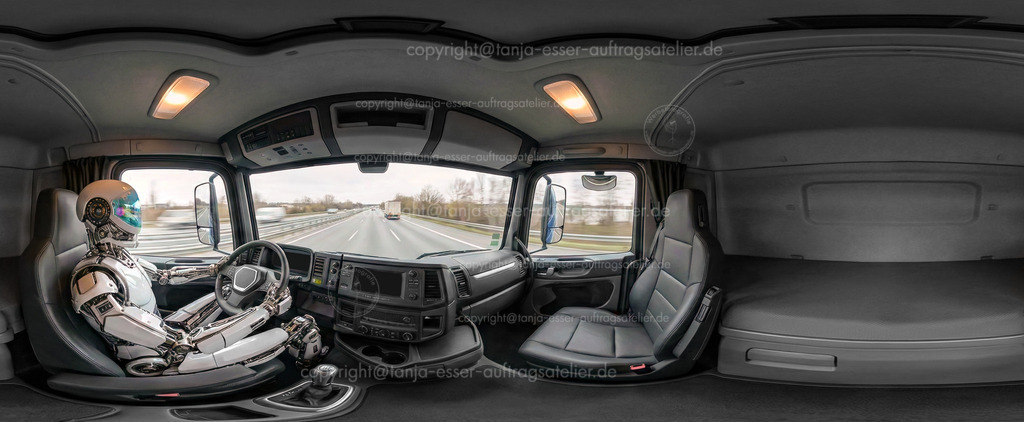 Roboter LKW Pilot  D | 360-Grad-Panoramaaufnahme (Equirektangular) aus dem Inneren eines modernen LKW Fahrerhauses. Ein humanoider Roboter steuert den Truck über die Auobahn. Konzept des autonomen Fahrens und der KI im Güterverkehr. Ausgearbeitetes Bild aufgrund generativer KI.
