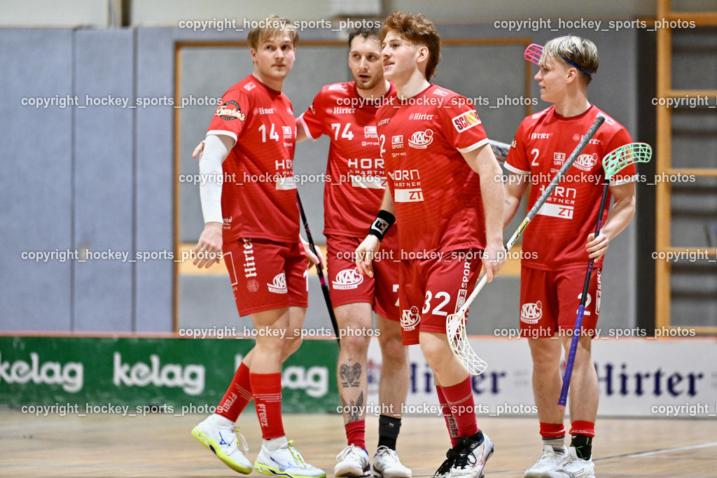 KAC Floorball vs. VSV Unihockey | #14 Pascual Fina KAC Floorball, Jubel KAC Floorball, #2 Mitja Beuthe KAC Floorball, #32 Tim Deisinger KAC Floorball, #74 Luca Wurmitzer KAC Floorball, KAC Floorball vs. VSV Unihockey, KAC Floorball vs. VSV Unihockey am 21.03.2026 in Klagenfurt (Ballspielhalle Waidmannsdorf), Austria, (Photo by Bernd Stefan)