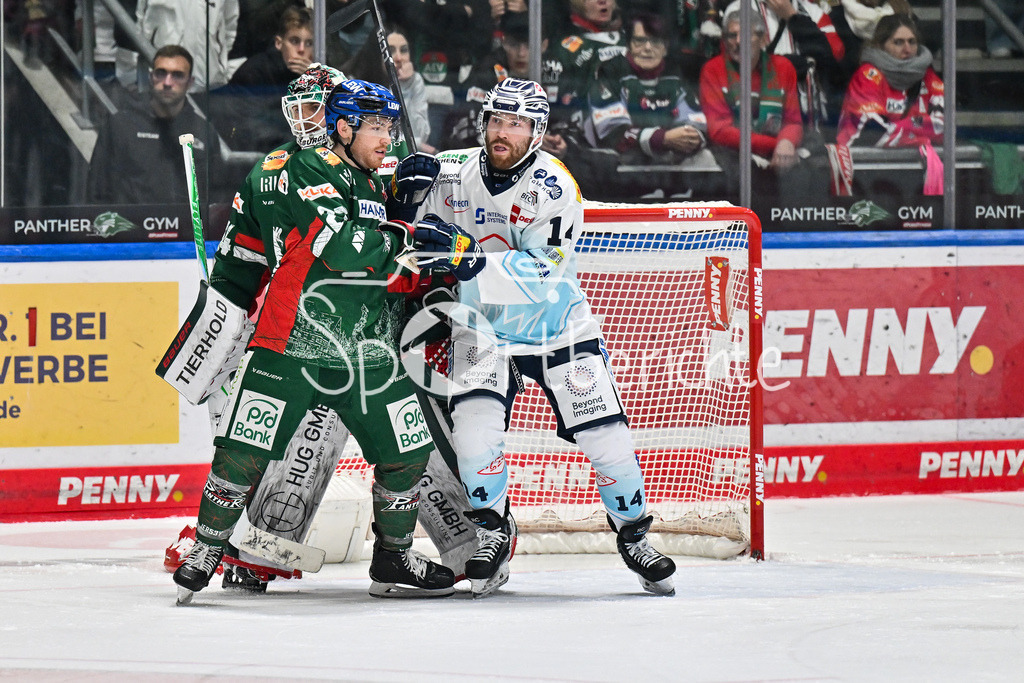 Augsburger Panther - Dresdner Eislöwen | AUGSBURG, GERMANY - 04. DECEMBER: im Duell  Kyle MAYHEW (Augsburger Panther 27) und Rourke CHARTIER (Dresdner Eislöwen 14) vor Michael GARTEIG (Augsburger Panther 34 während dem Match zwischen den Augsburger Panthern und den Dresdner Eislöwen am 25 Spieltag der PENNY DEL im Curt Frenzel Stadion
